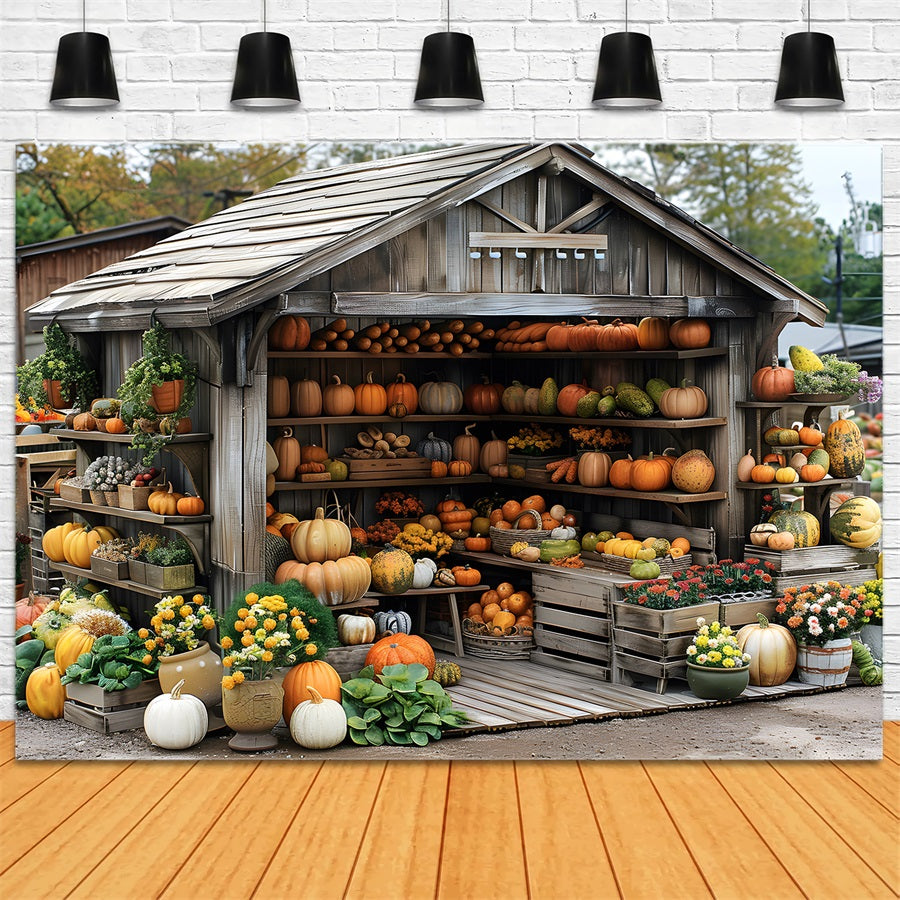 Rustic Autumn Harvest Shed Pumpkins Backdrop UK RR7-345