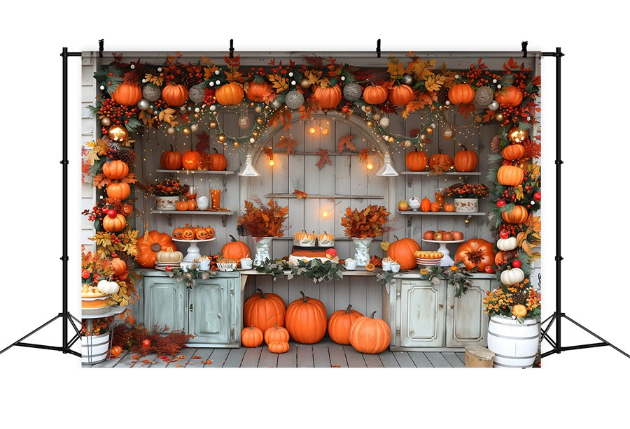 Rustic Autumn Market Pumpkins Fairy Lights Backdrop UK RR7-346