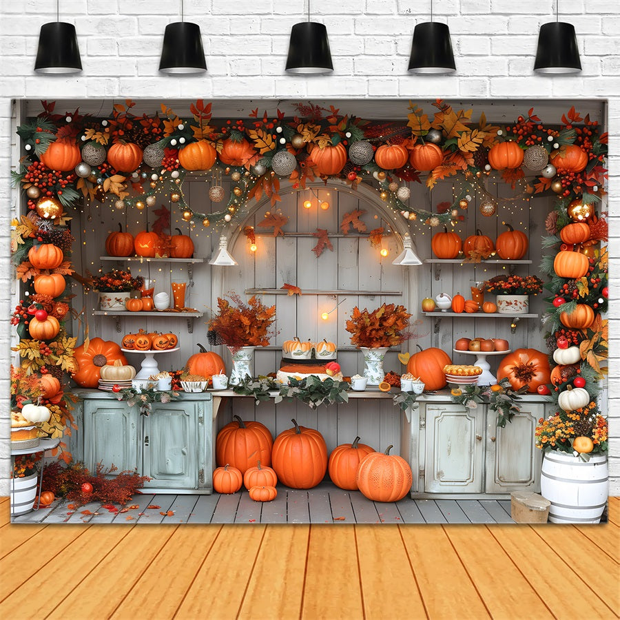 Rustic Autumn Market Pumpkins Fairy Lights Backdrop UK RR7-346