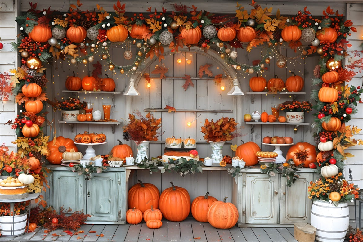 Rustic Autumn Market Pumpkins Fairy Lights Backdrop UK RR7-346