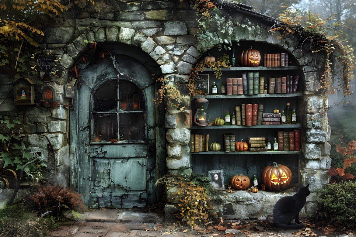 Halloween Witch's Cottage Potion Books Backdrop UK RR7-347