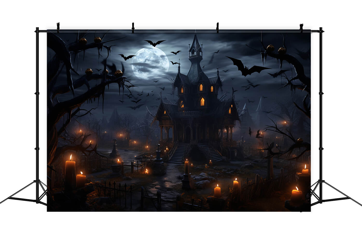 Halloween Spooky Castle Bats Candles Backdrop UK RR7-35