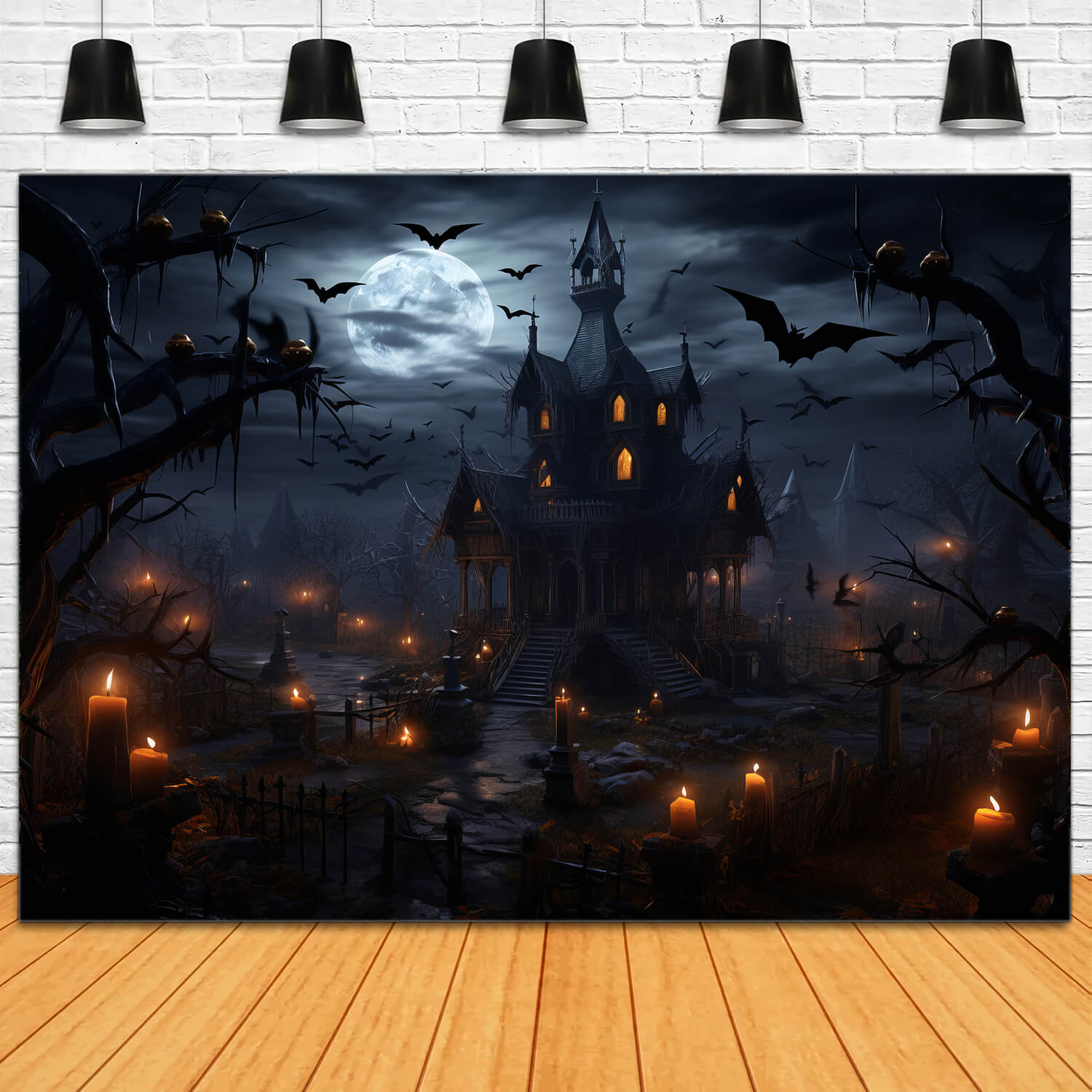 Halloween Spooky Castle Bats Candles Backdrop UK RR7-35