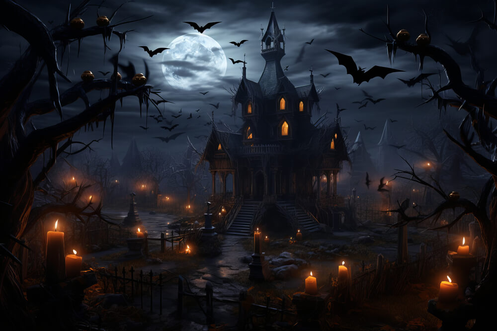 Halloween Spooky Castle Bats Candles Backdrop UK RR7-35