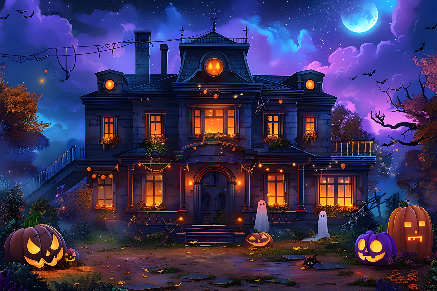 Halloween Enchanted House Pumpkin Ghosts Backdrop UK RR7-351