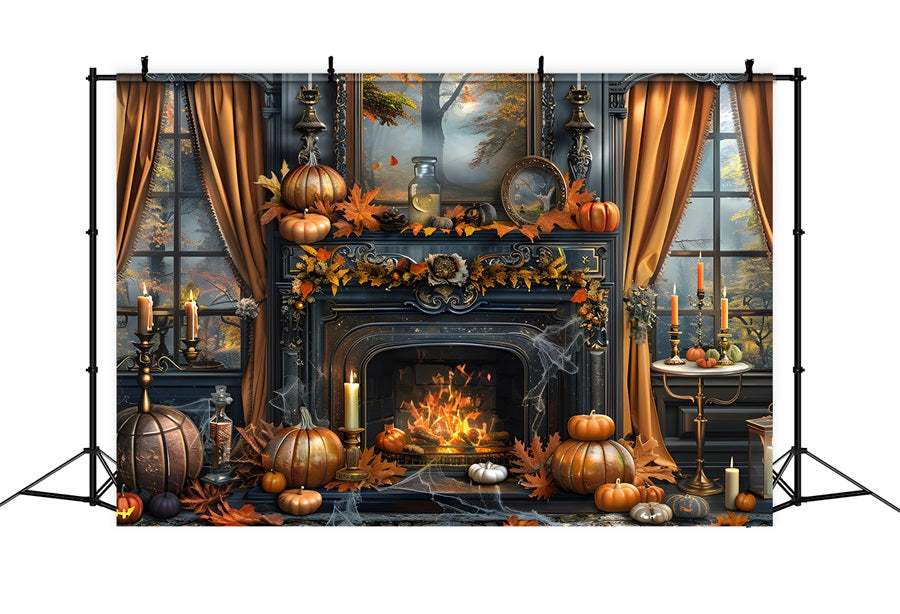 Enchanted Autumn Fireplace Pumpkin Decor Backdrop UK RR7-353