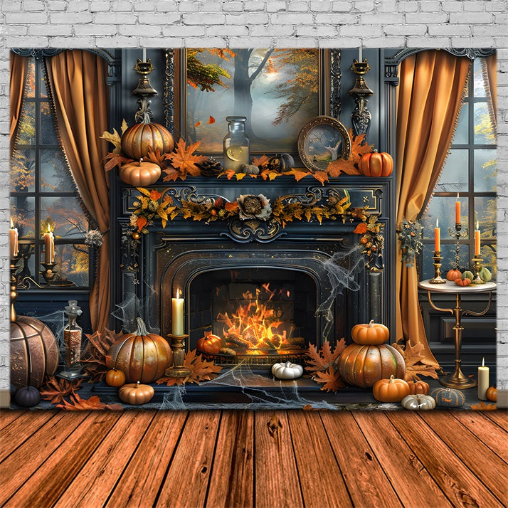 Enchanted Autumn Fireplace Pumpkin Decor Backdrop UK RR7-353