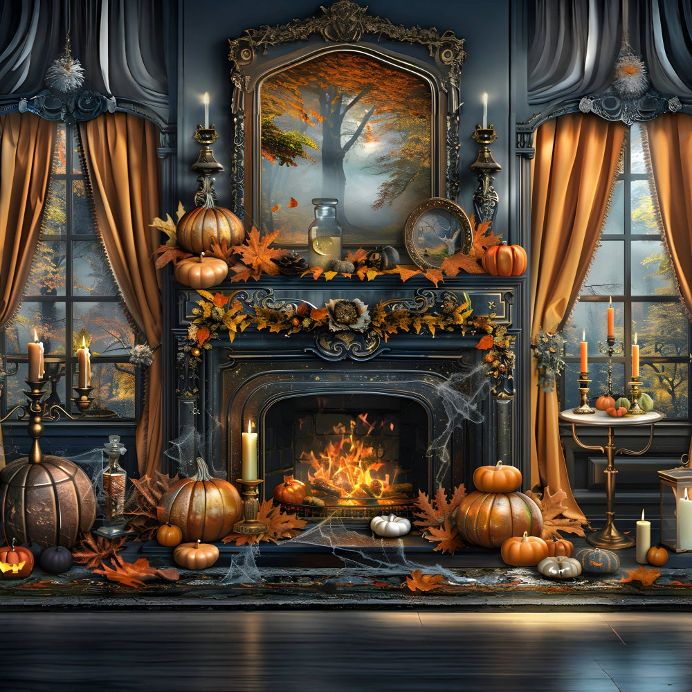 Enchanted Autumn Fireplace Pumpkin Decor Backdrop UK RR7-353