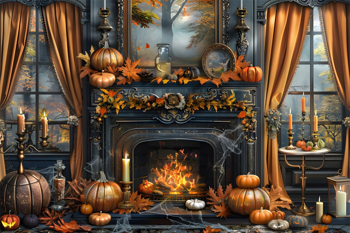 Enchanted Autumn Fireplace Pumpkin Decor Backdrop UK RR7-353