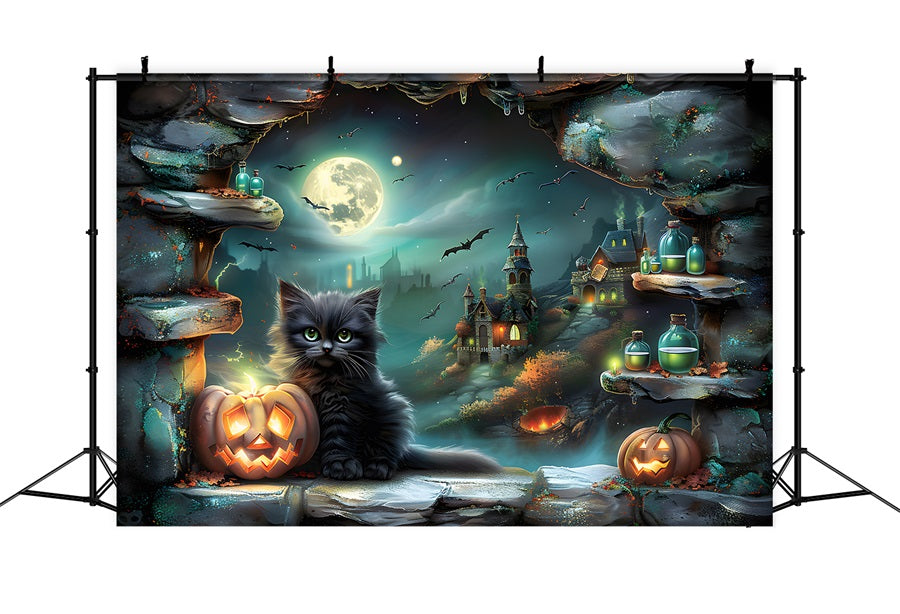 Halloween Village Black Cat Pumpkins Backdrop UK RR7-359