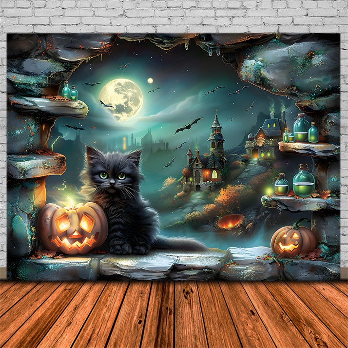 Halloween Village Black Cat Pumpkins Backdrop UK RR7-359