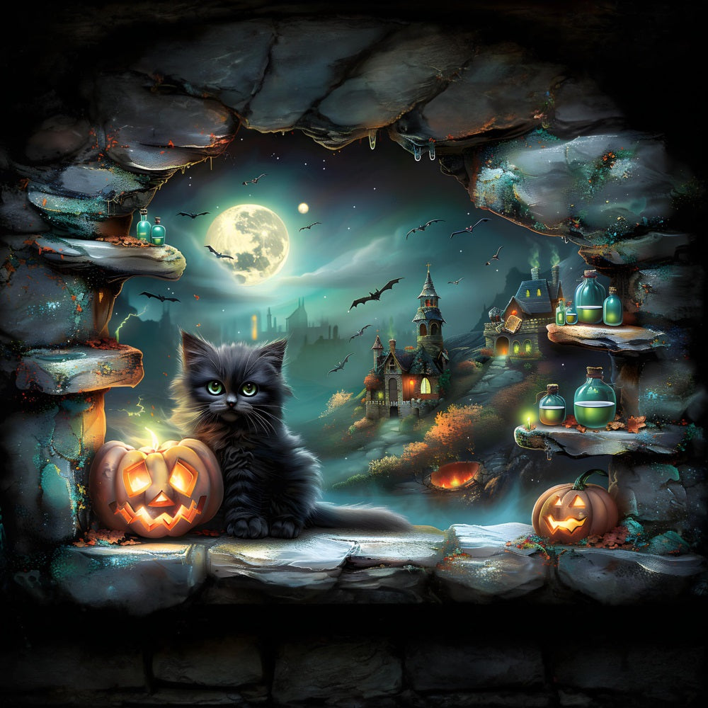 Halloween Village Black Cat Pumpkins Backdrop UK RR7-359