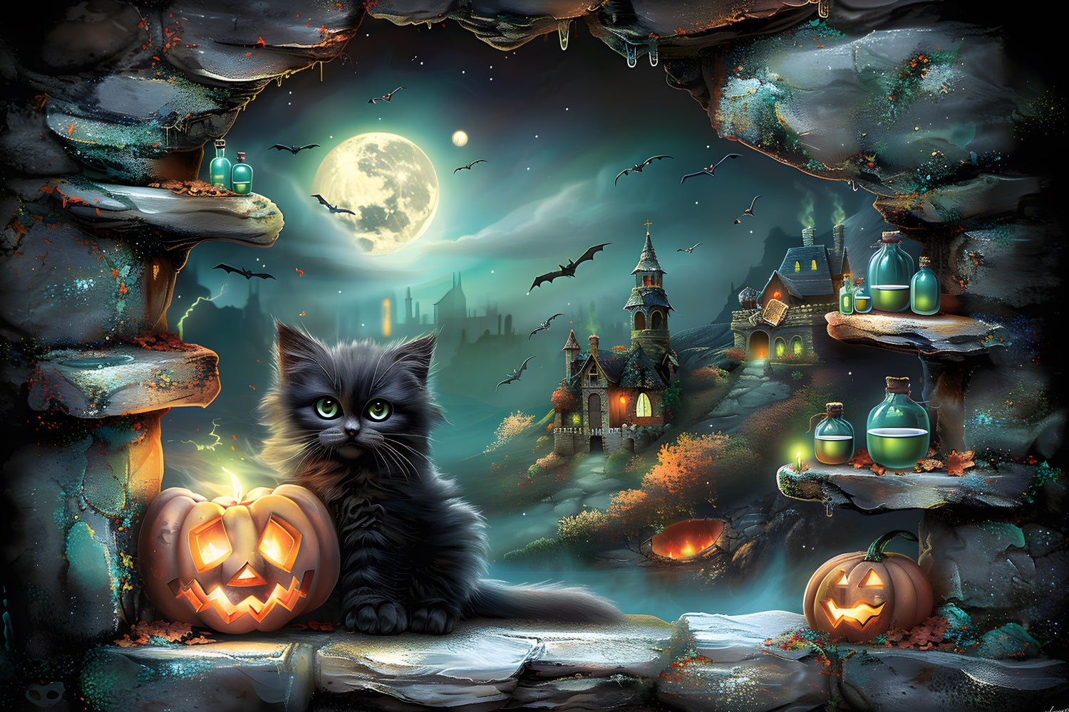 Halloween Village Black Cat Pumpkins Backdrop UK RR7-359