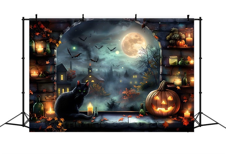 Halloween Moonlit Village Black Cat Backdrop UK RR7-360