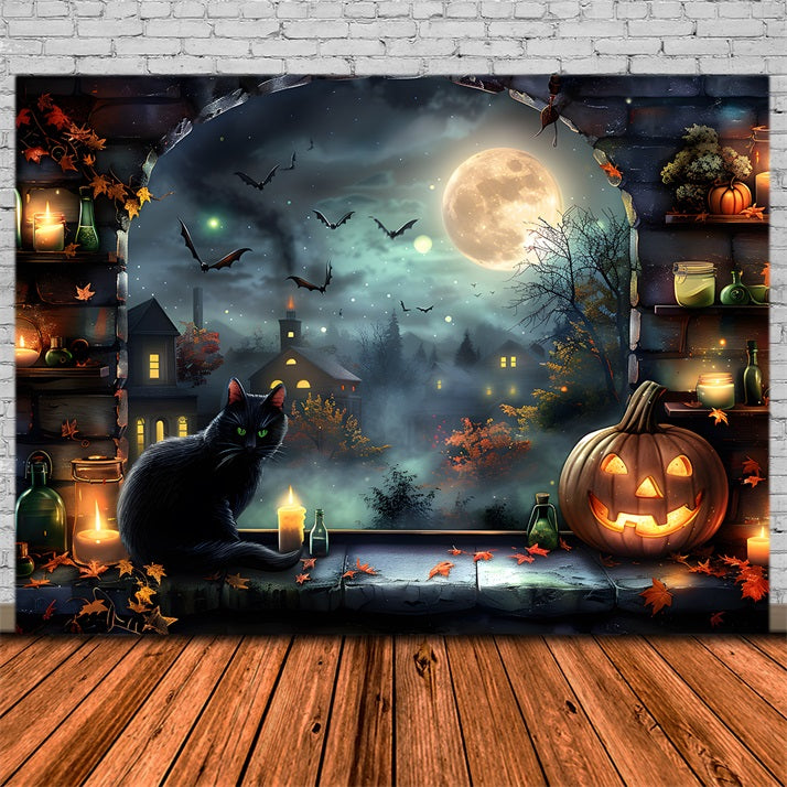 Halloween Moonlit Village Black Cat Backdrop UK RR7-360