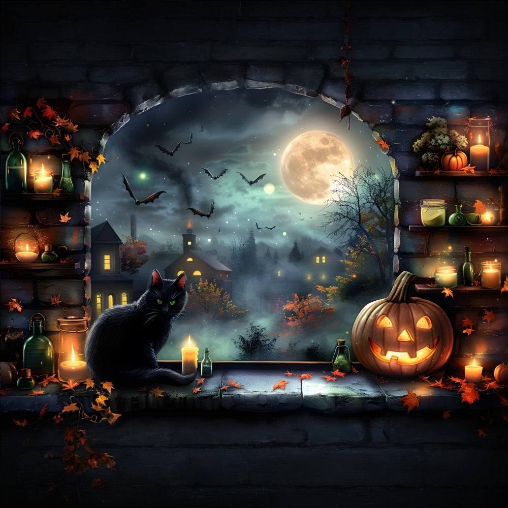 Halloween Moonlit Village Black Cat Backdrop UK RR7-360