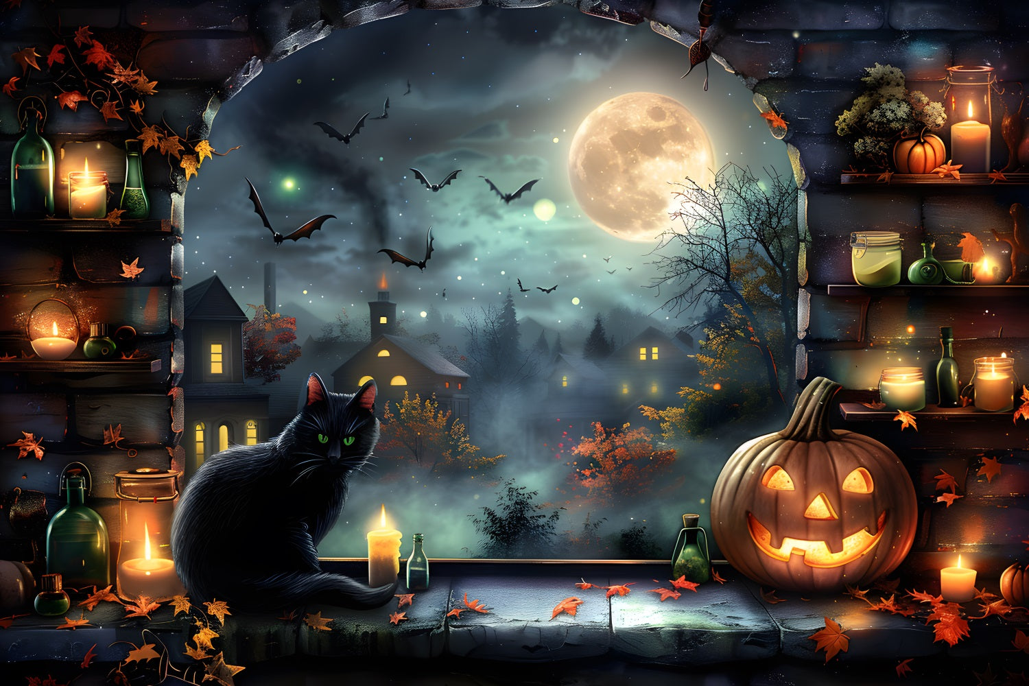 Halloween Moonlit Village Black Cat Backdrop UK RR7-360