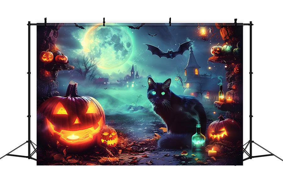 Halloween Moonlit Village Glowing Cat Backdrop UK RR7-361