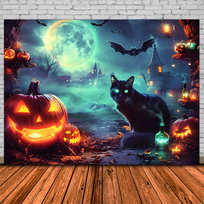 Halloween Moonlit Village Glowing Cat Backdrop UK RR7-361