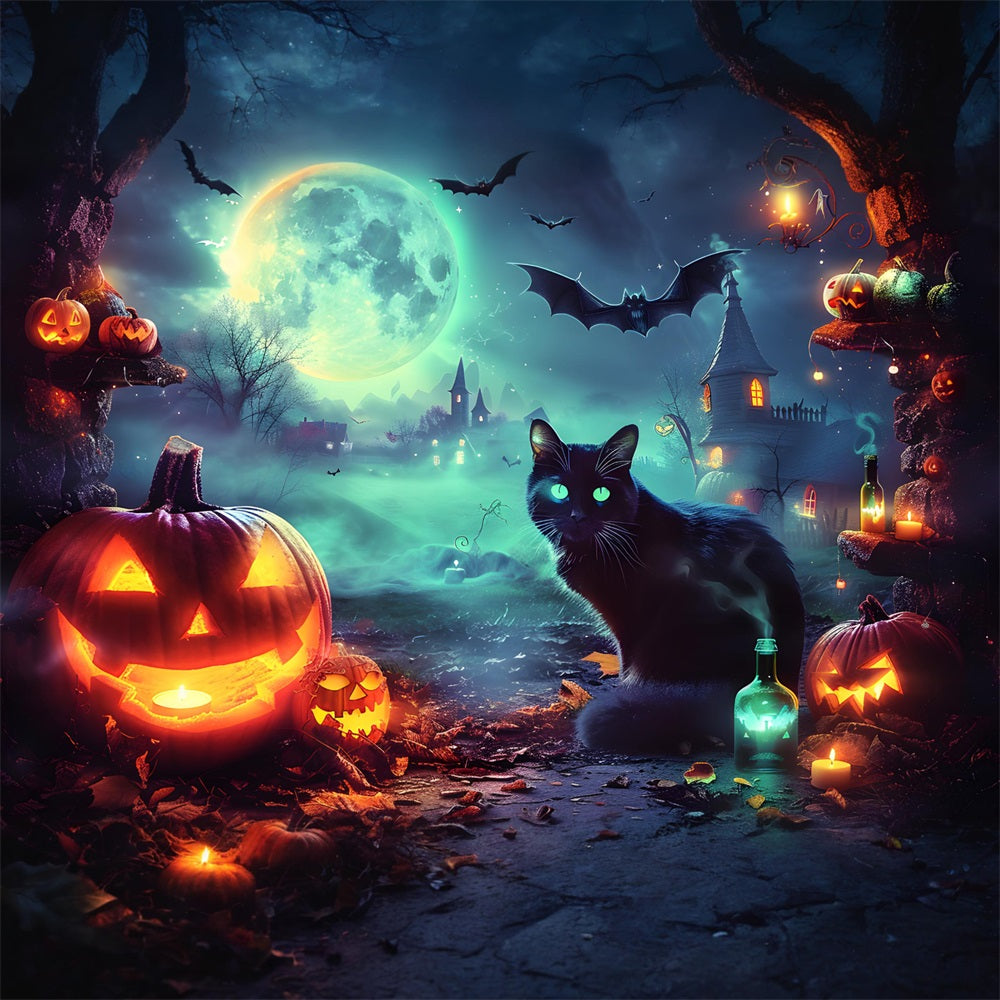 Halloween Moonlit Village Glowing Cat Backdrop UK RR7-361