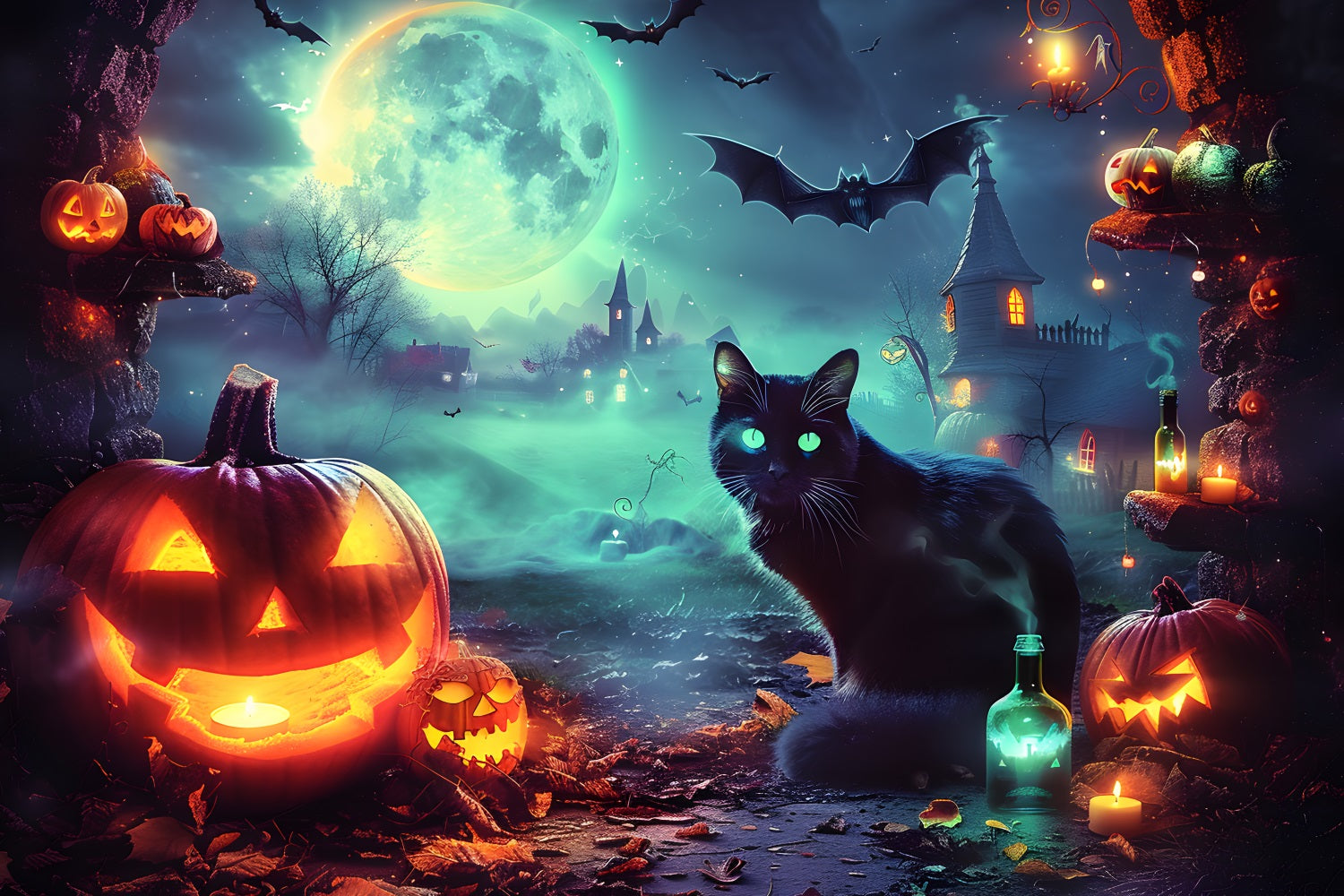 Halloween Moonlit Village Glowing Cat Backdrop UK RR7-361