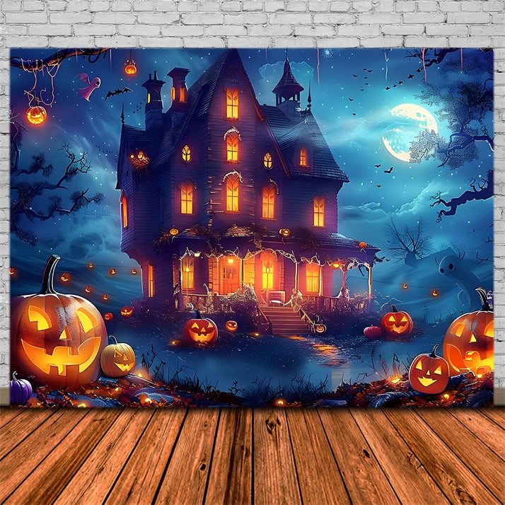 Halloween Haunted House Moonlit Night Backdrop UK RR7-362