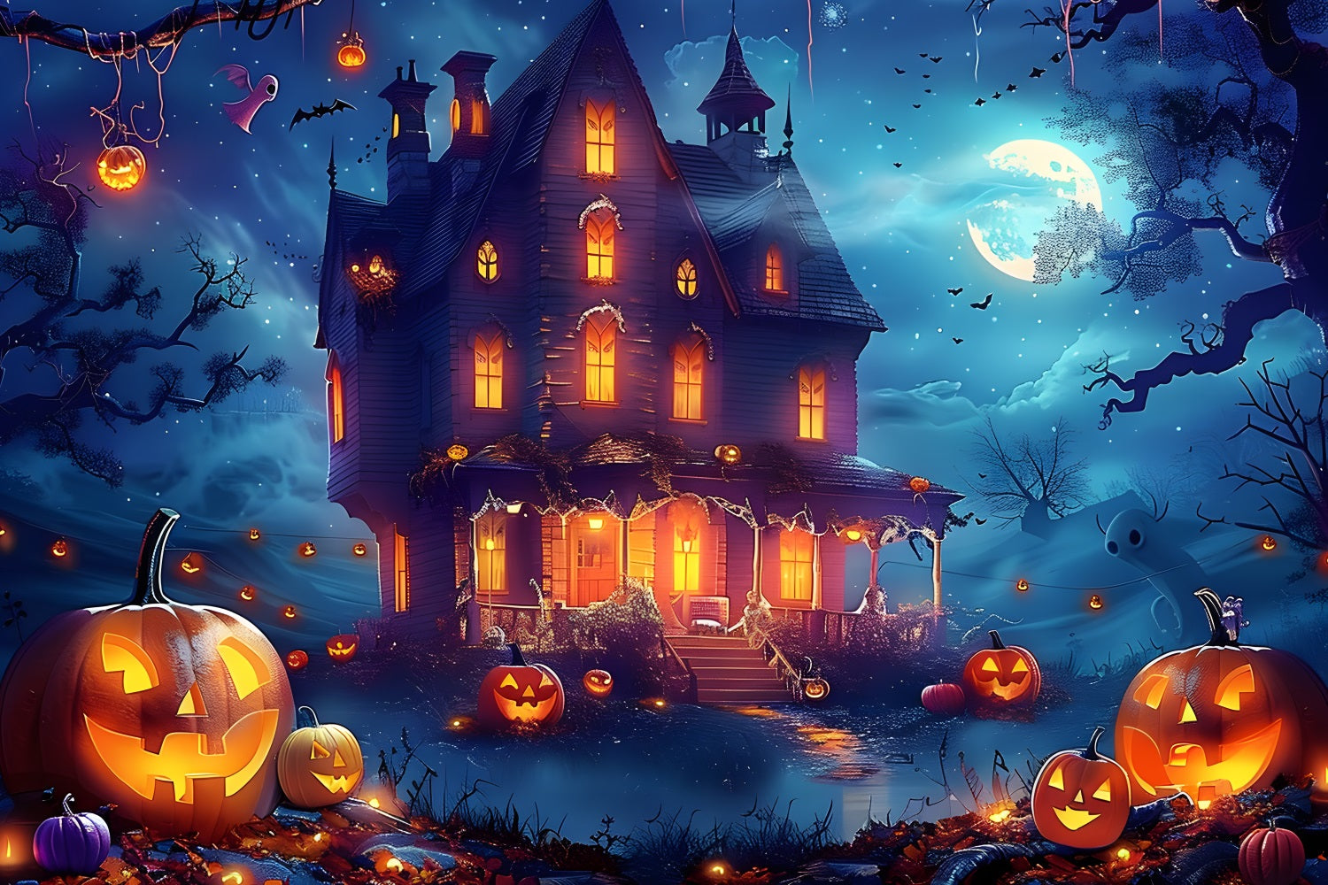 Halloween Haunted House Moonlit Night Backdrop UK RR7-362