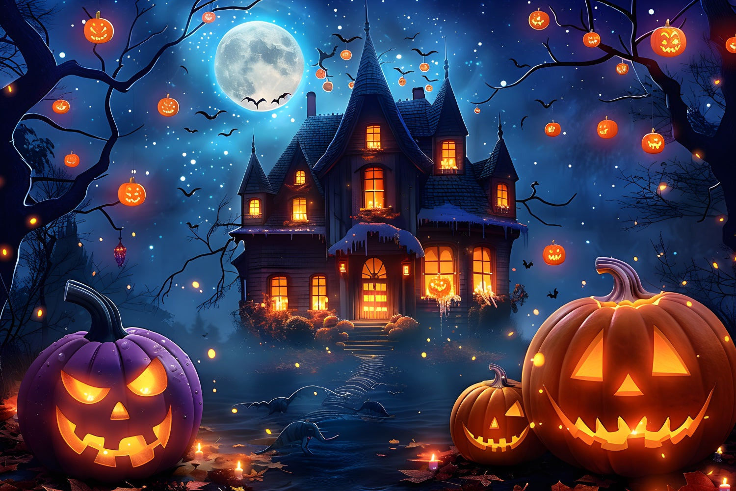 Halloween Village Midnight Moonlight Backdrop UK RR7-363