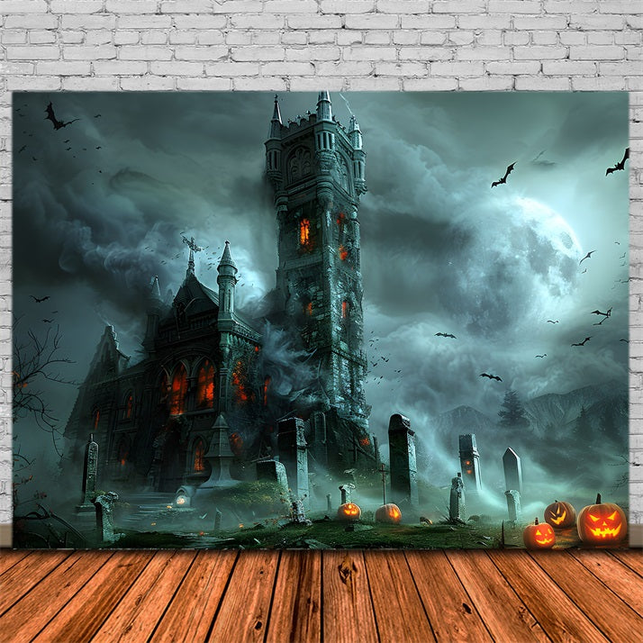 Halloween Gothic Castle Pumpkin Graveyard Backdrop UK RR7-372