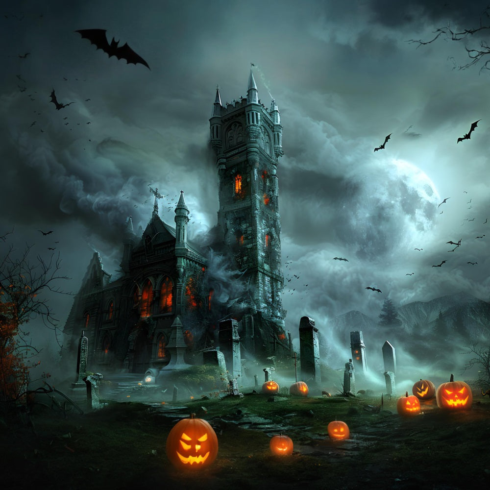 Halloween Gothic Castle Pumpkin Graveyard Backdrop UK RR7-372