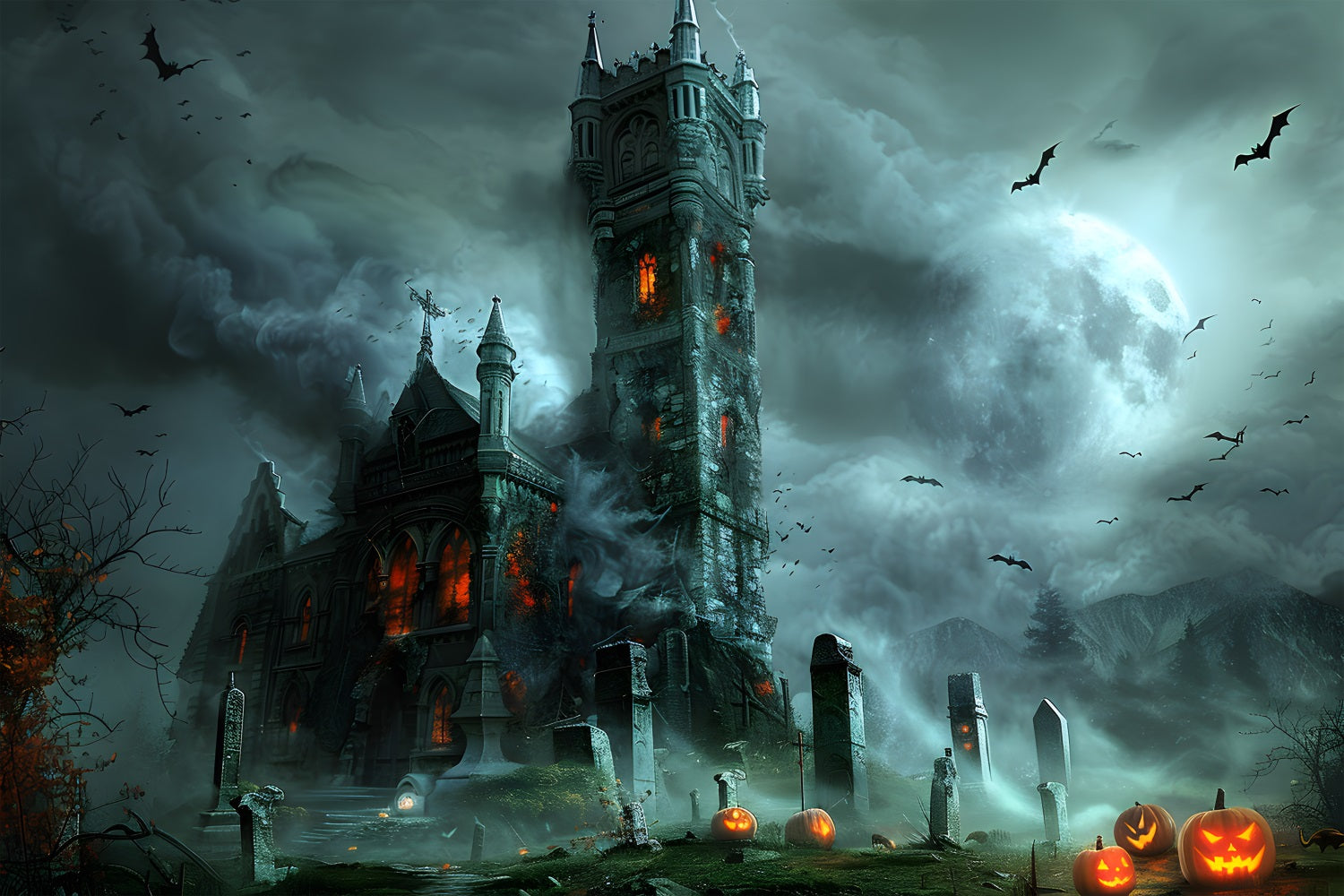 Halloween Gothic Castle Pumpkin Graveyard Backdrop UK RR7-372