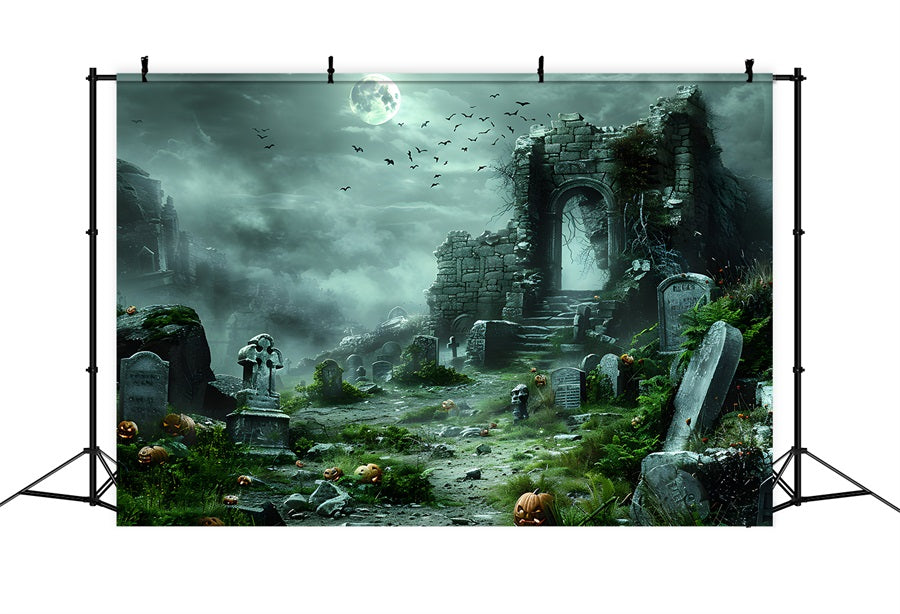 Halloween Haunted Ruins Pumpkin Graveyard Backdrop UK RR7-373