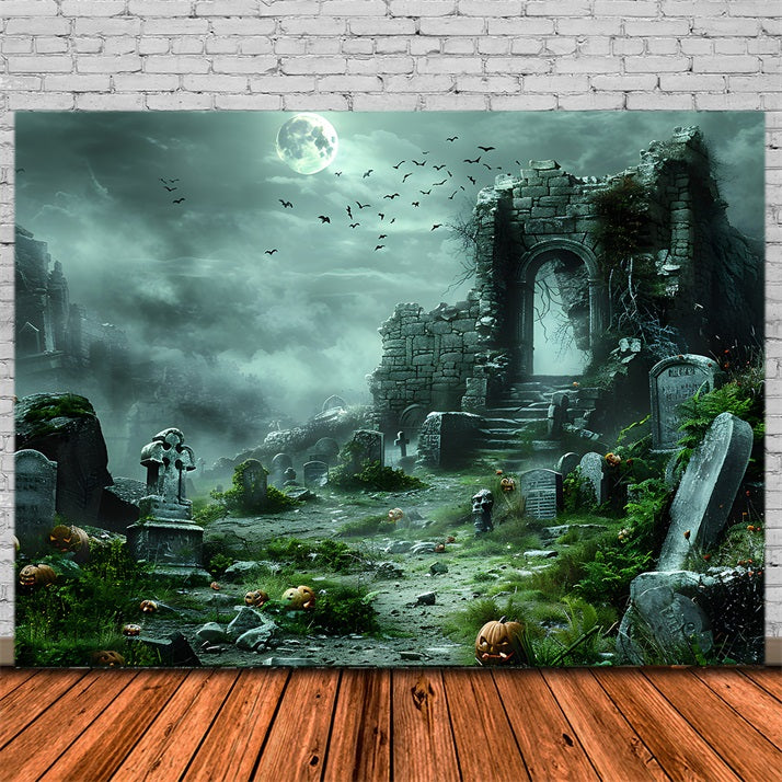 Halloween Haunted Ruins Pumpkin Graveyard Backdrop UK RR7-373