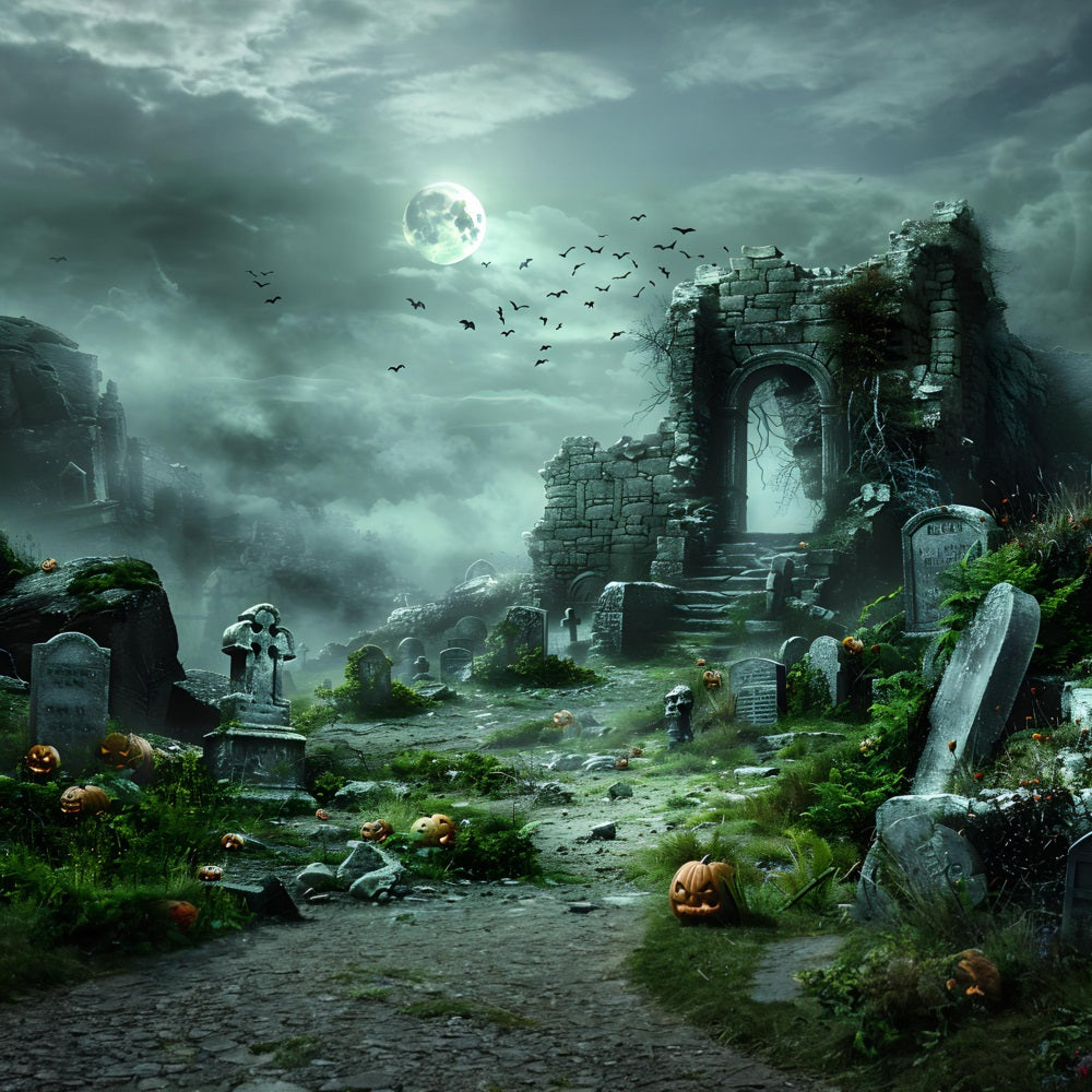 Halloween Haunted Ruins Pumpkin Graveyard Backdrop UK RR7-373