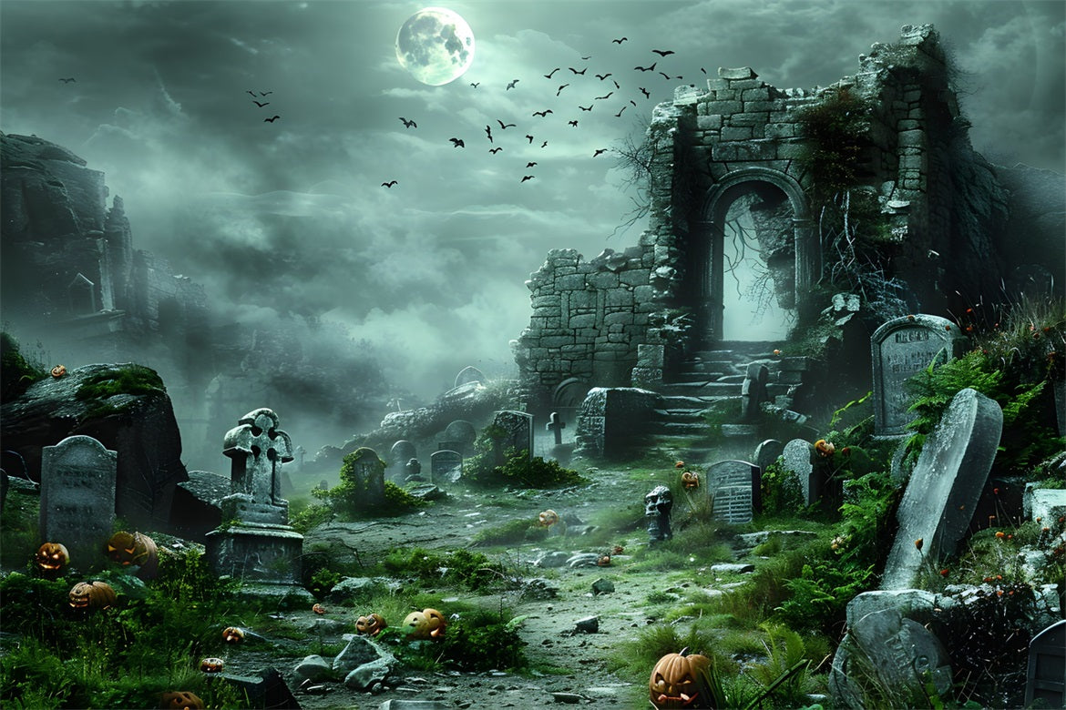 Halloween Haunted Ruins Pumpkin Graveyard Backdrop UK RR7-373