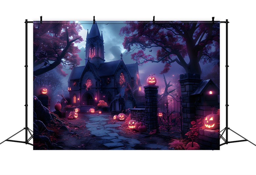 Halloween Haunted Church Pumpkin Path Backdrop UK RR7-375