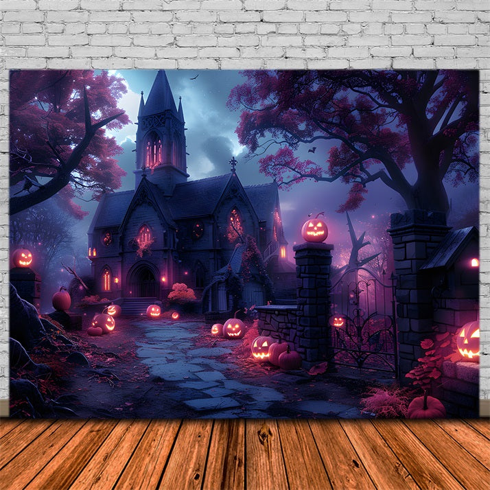 Halloween Haunted Church Pumpkin Path Backdrop UK RR7-375