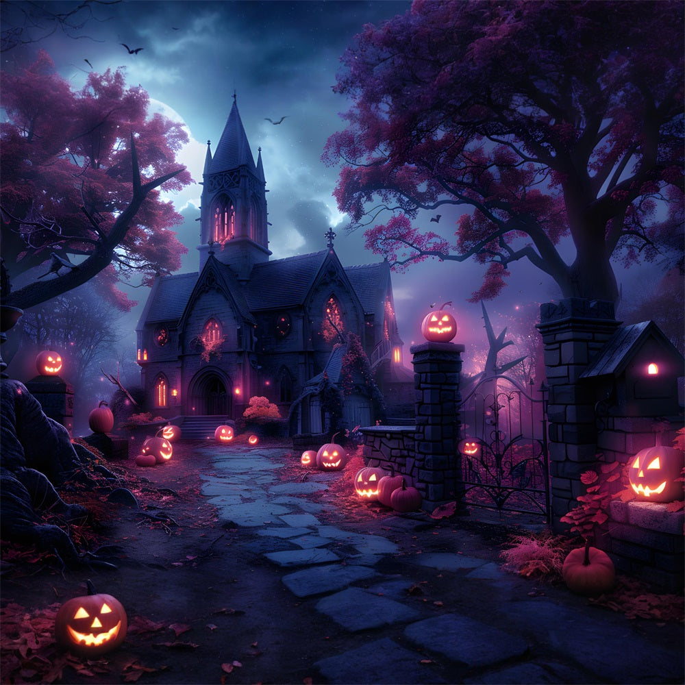 Halloween Haunted Church Pumpkin Path Backdrop UK RR7-375