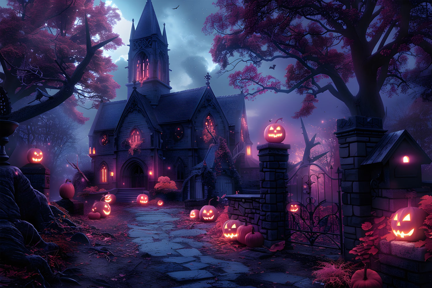 Halloween Haunted Church Pumpkin Path Backdrop UK RR7-375