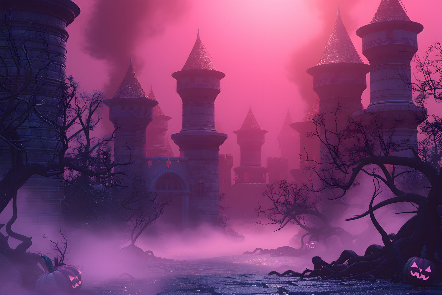 Halloween Haunted Castle Pink Mist Backdrop UK RR7-377