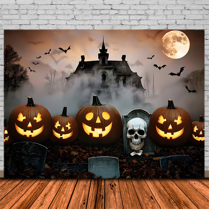 Halloween Graveyard Mansion Pumpkins Backdrop UK RR7-378