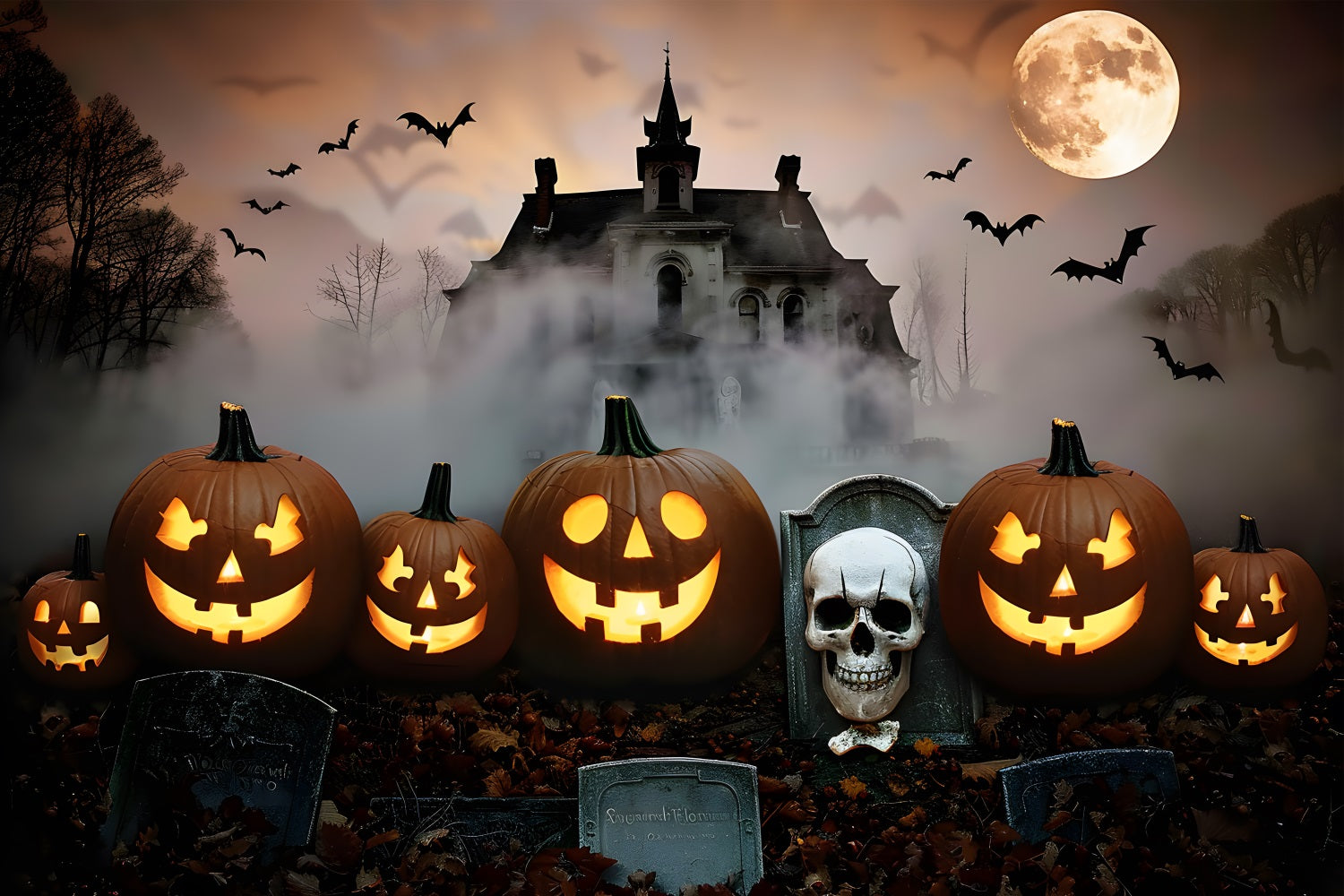 Halloween Graveyard Mansion Pumpkins Backdrop UK RR7-378