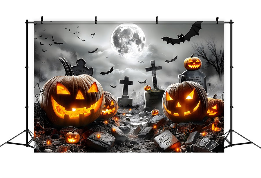 Halloween Graveyard Glowing Pumpkin Bats Backdrop UK RR7-379