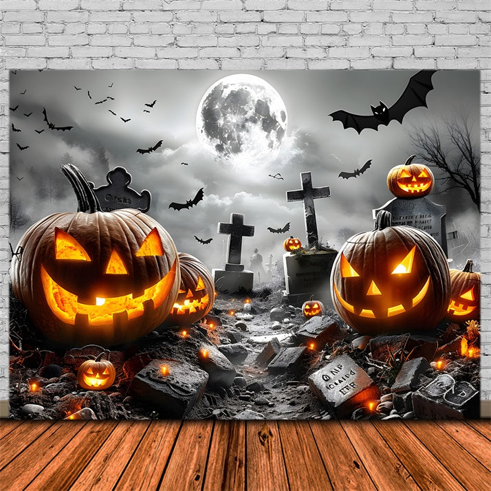 Halloween Graveyard Glowing Pumpkin Bats Backdrop UK RR7-379