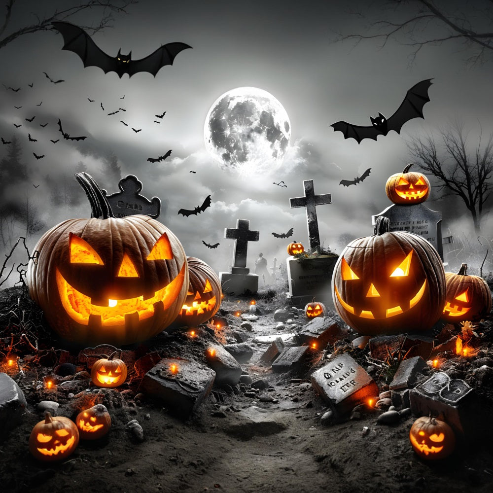 Halloween Graveyard Glowing Pumpkin Bats Backdrop UK RR7-379