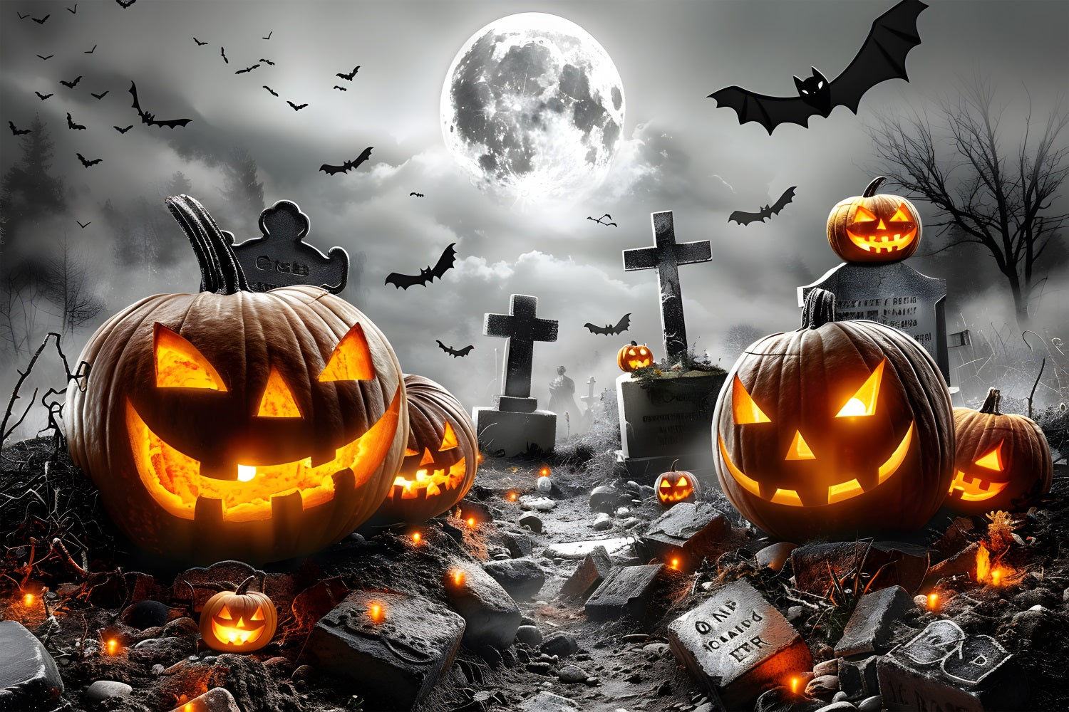 Halloween Graveyard Glowing Pumpkin Bats Backdrop UK RR7-379