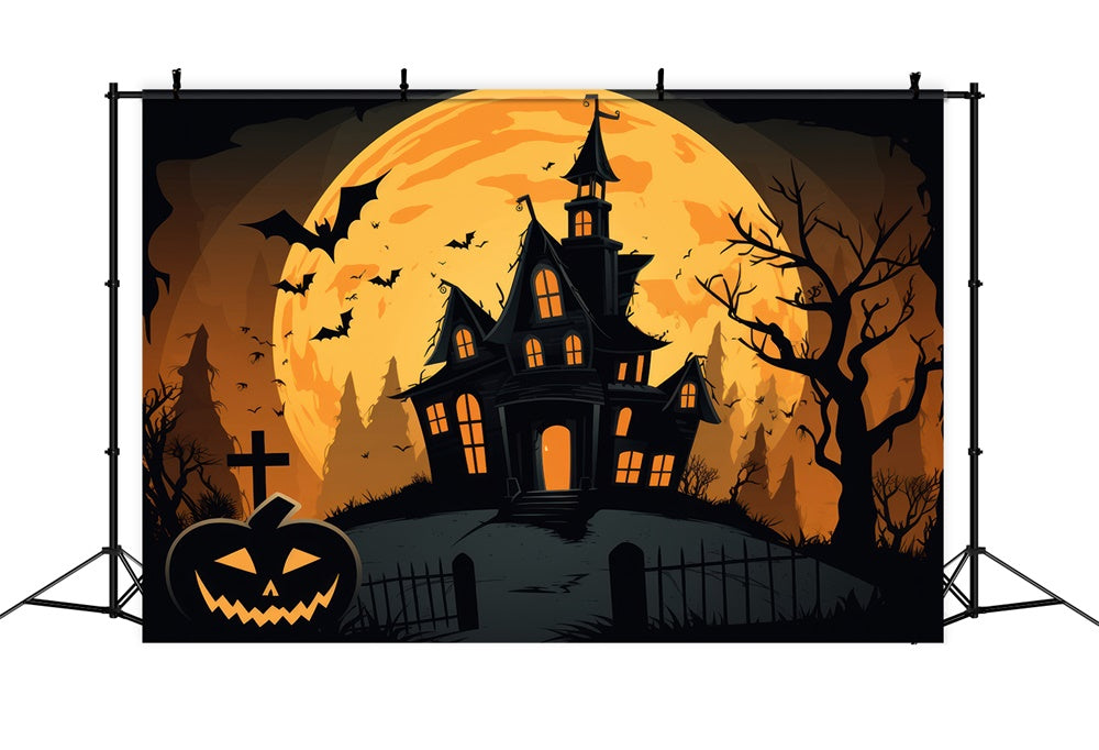 Halloween Ghost House Full Moon Bats Backdrop UK RR7-385