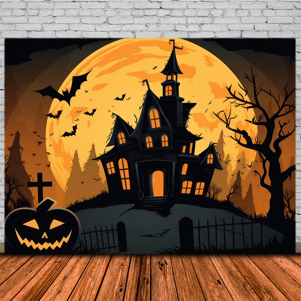 Halloween Ghost House Full Moon Bats Backdrop UK RR7-385