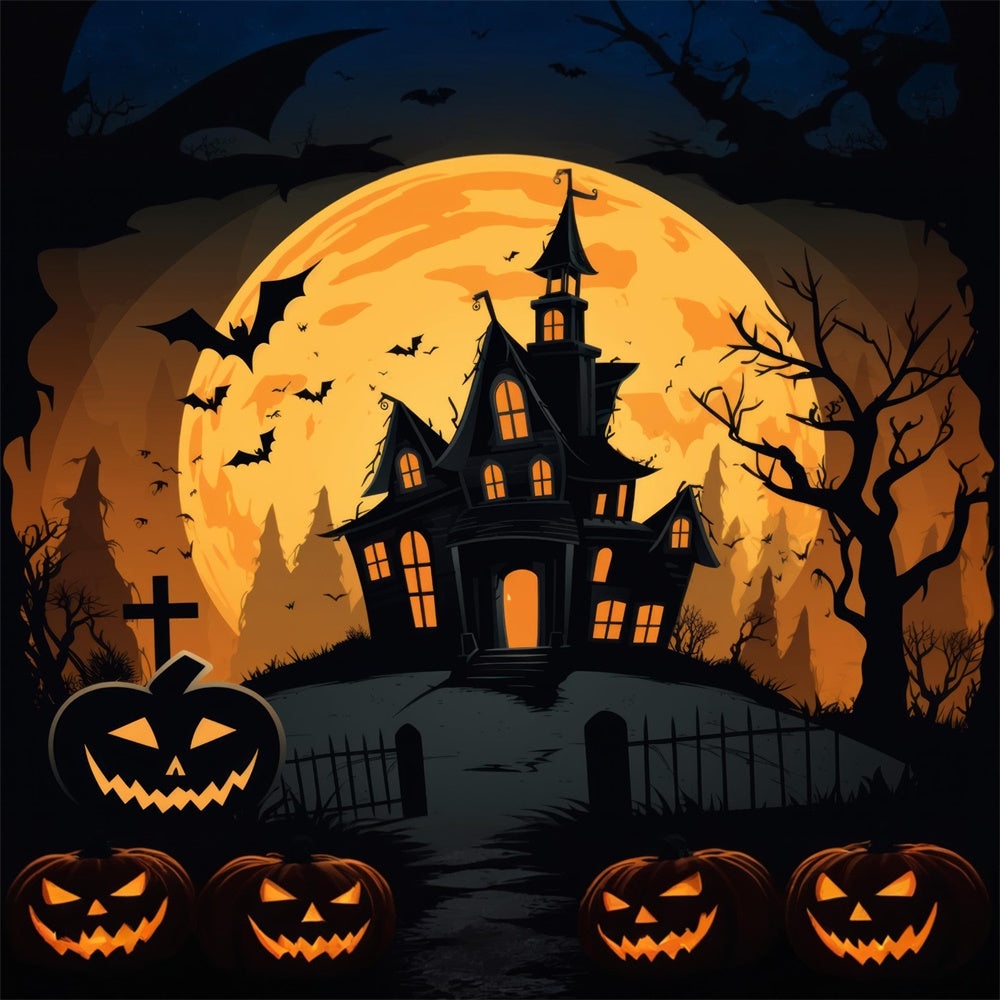 Halloween Ghost House Full Moon Bats Backdrop UK RR7-385