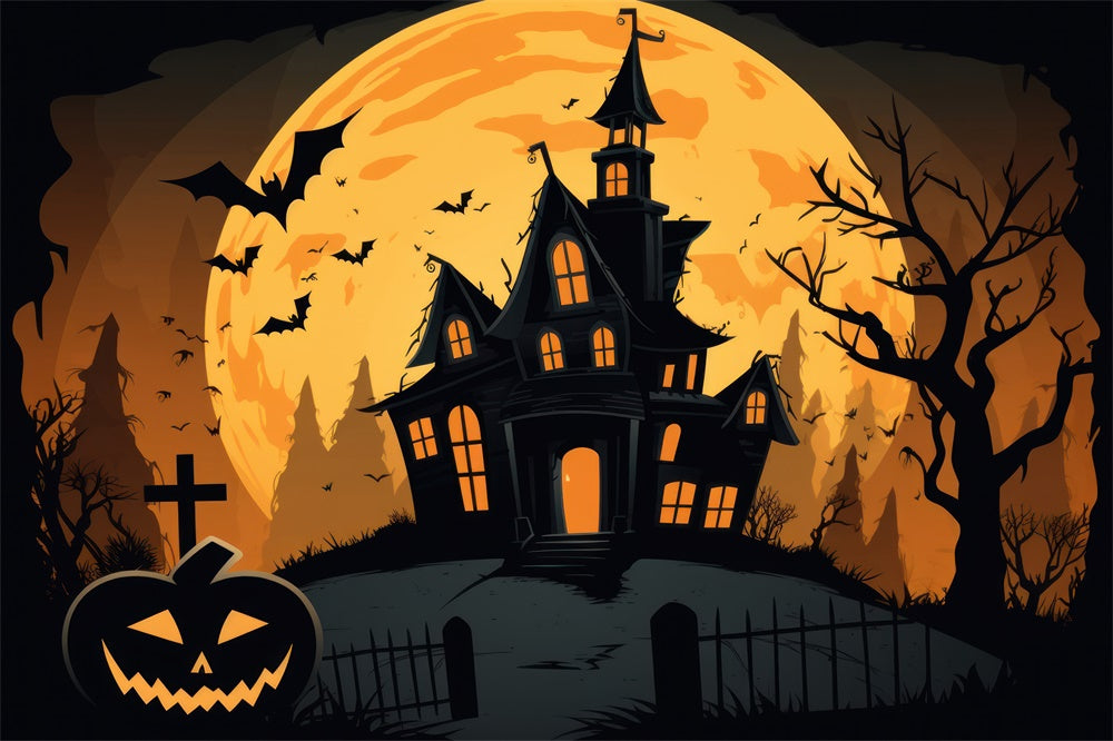 Halloween Ghost House Full Moon Bats Backdrop UK RR7-385